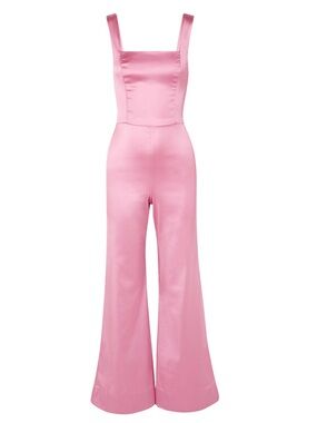 STAUD Pink Satin Square-Neck Wide-Leg Jumpsuit